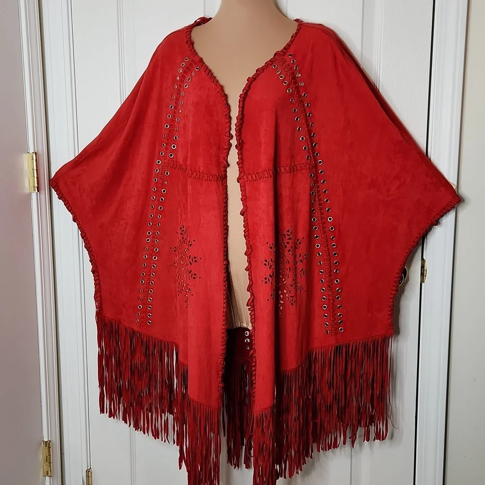 Tesoro moda festival bohemian fringe cut out cape poncho coverup L/XL